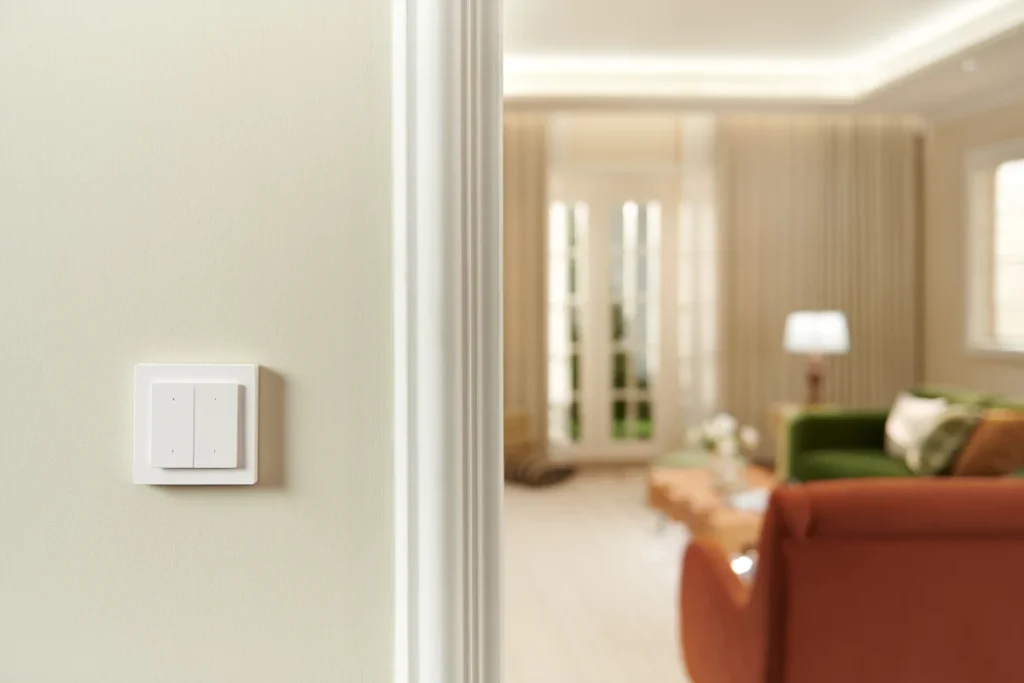 Aqara Wall Switch instalado em uma residência moderna integrado a um sistema avançado de automação.