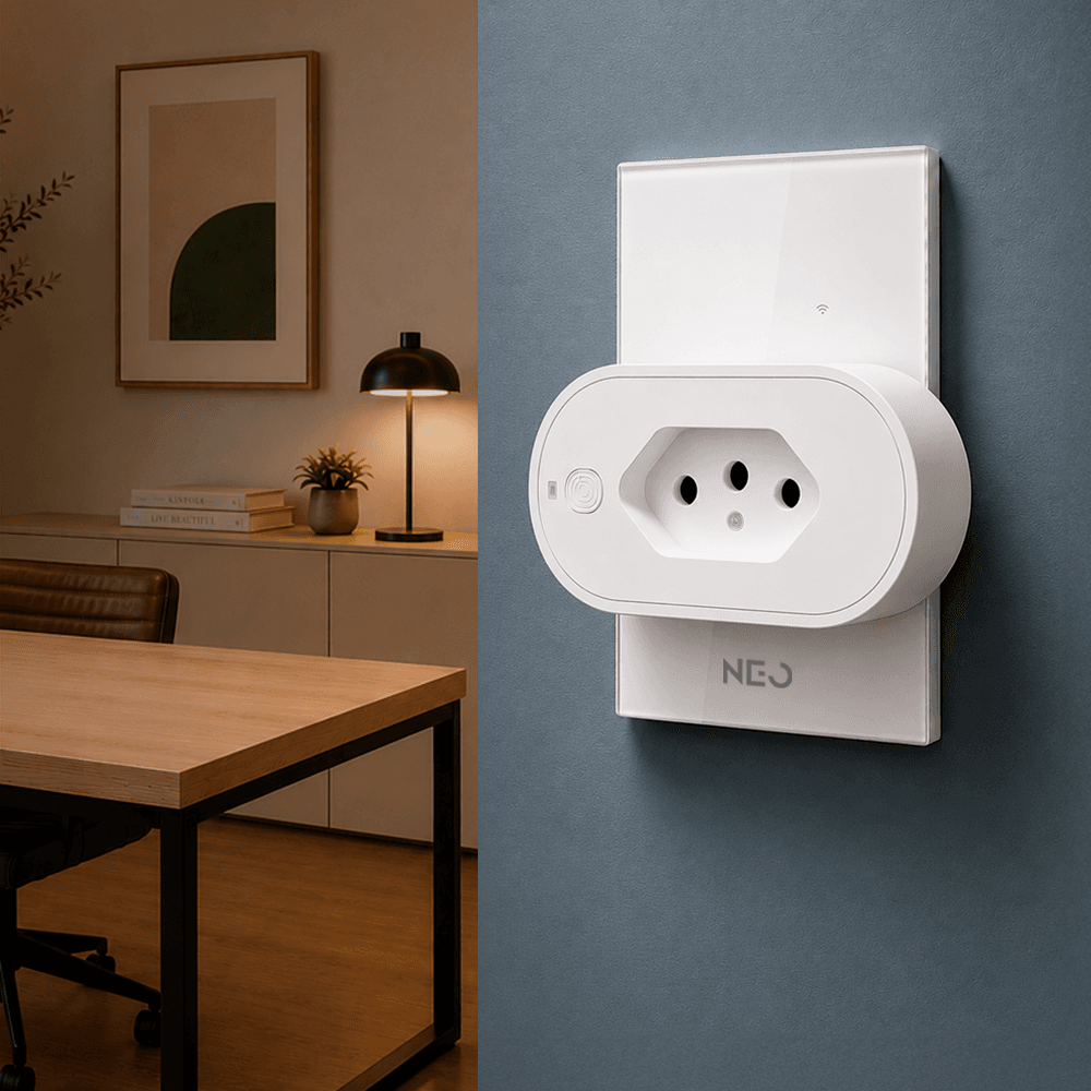 Tomada inteligente Wi-Fi instalada em uma residência moderna.