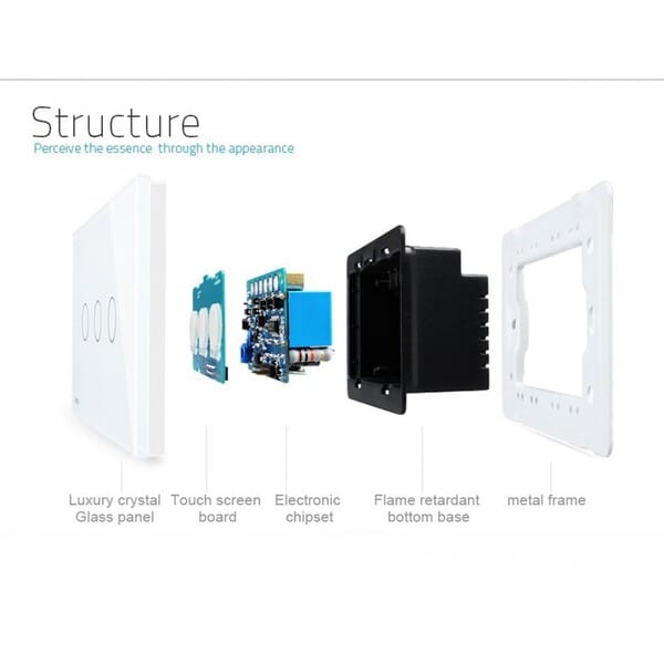 Livolo Touch instalado em uma parede moderna com acabamento de vidro e painel sensível ao toque.