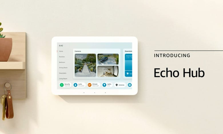 Echo Hub instalado na parede controlando iluminação, câmeras e outros dispositivos inteligentes.
