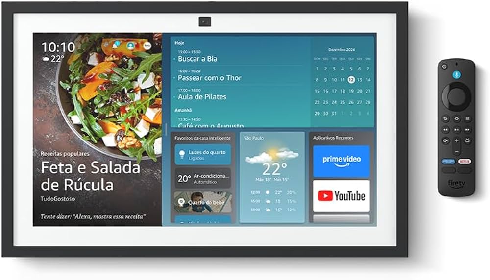 Echo Show 15 (2ª Geração) exibindo calendário, previsão do tempo e controle de dispositivos inteligentes.