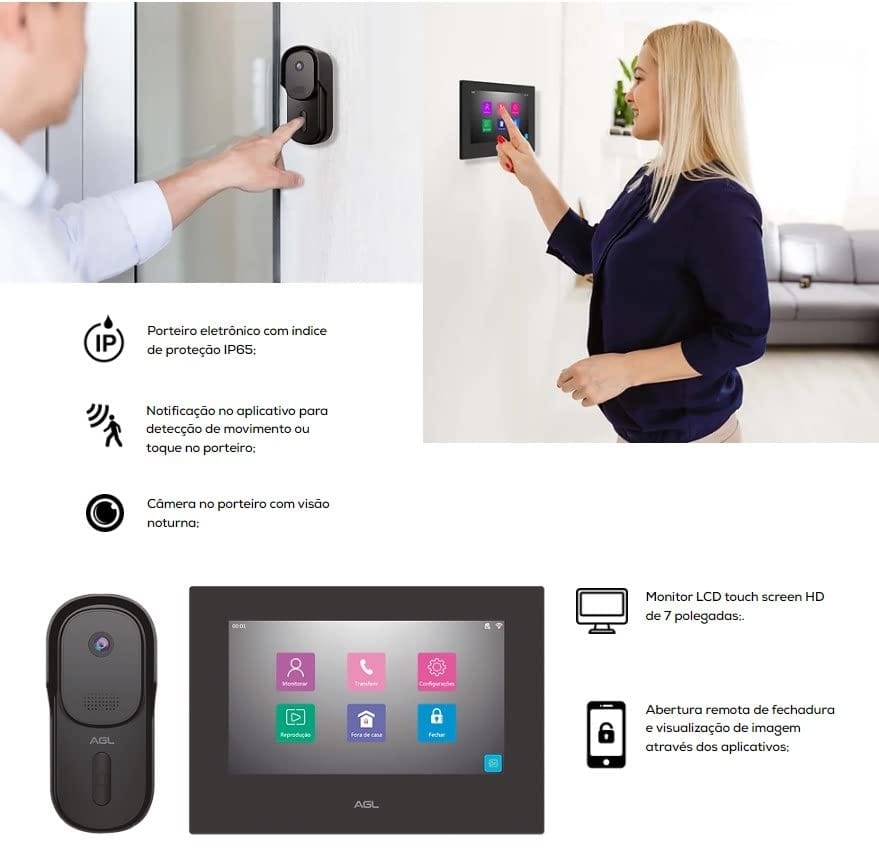 Monitor interno exibindo a imagem da câmera enquanto um usuário abre o portão pelo smartphone.