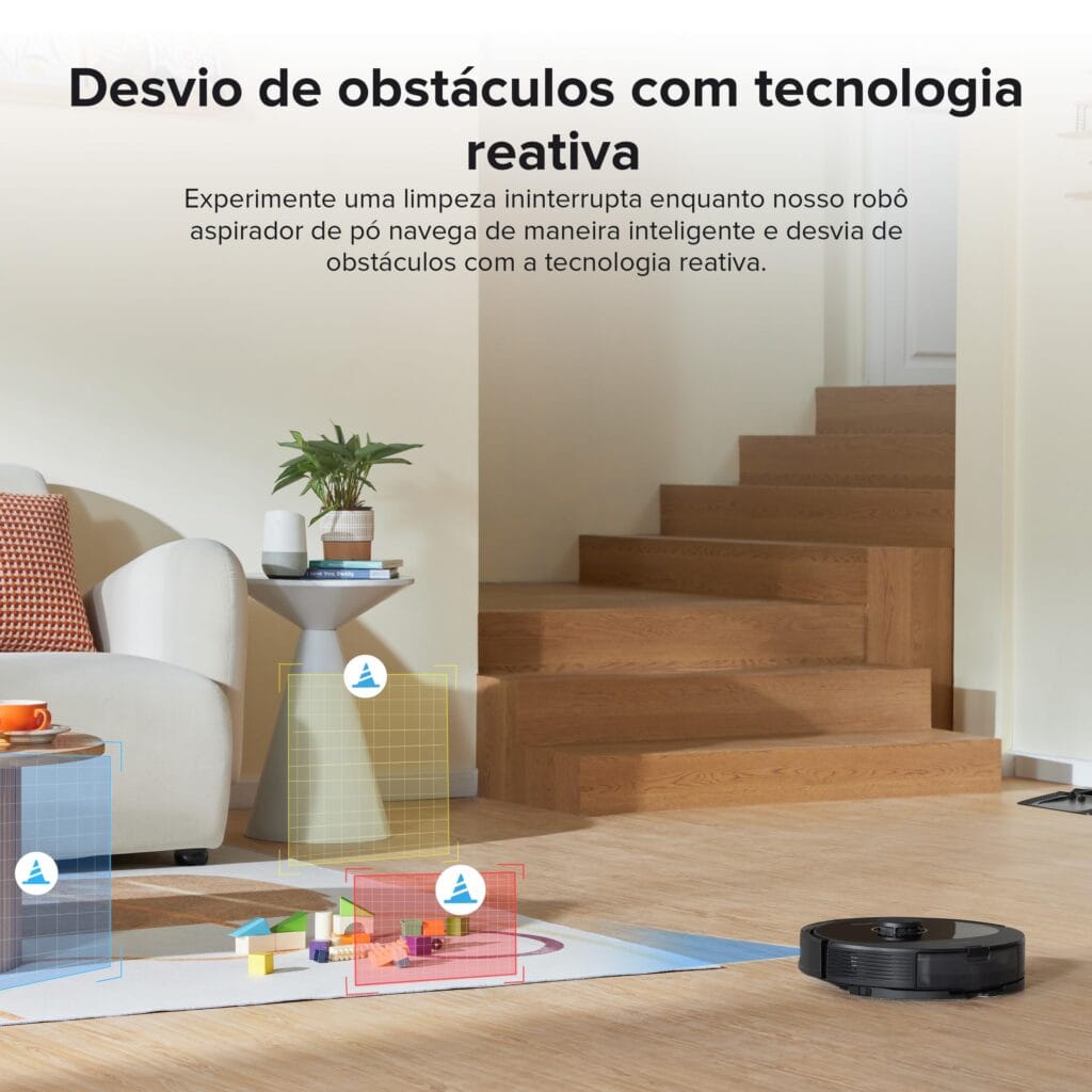 Roborock Q8 Max+ limpando uma sala moderna, com sua base de autoesvaziamento ao fundo.