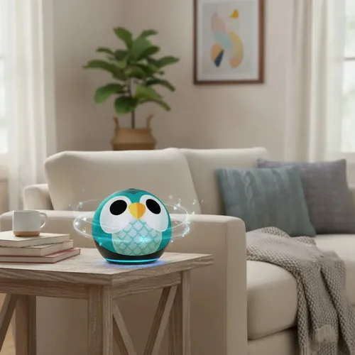 Echo Dot Kids com Alexa infantil em um quarto de criança.