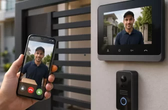 Usuário recebendo uma chamada do vídeo porteiro pelo smartphone enquanto conversa com um visitante.