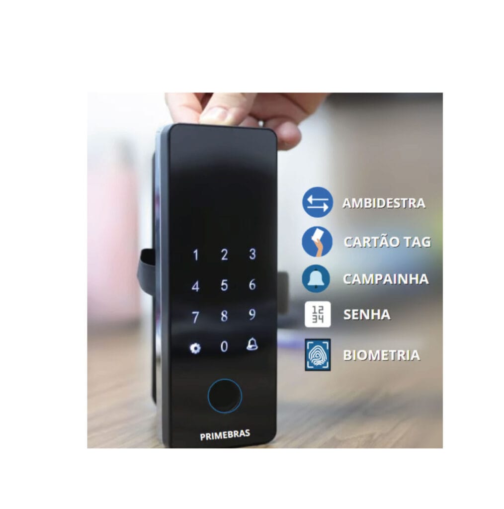Primebras Athenas Digital fechadura inteligente com biometria, senha, aplicativo e acesso por tag.