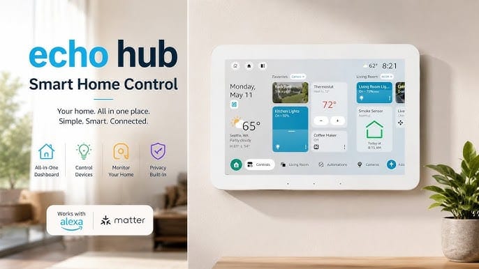 Echo Hub exibindo câmeras, iluminação inteligente e rotinas da casa em uma única tela.