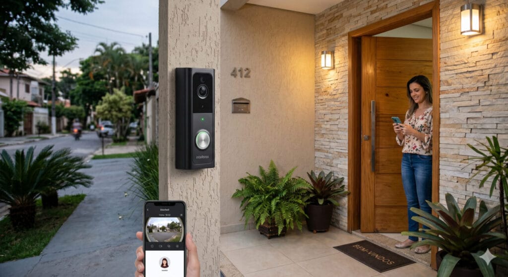 Pessoa atendendo uma visita diretamente pelo aplicativo no smartphone
