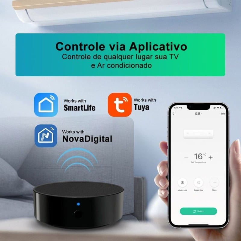 Controle Remoto Universal Infravermelho NovaDigital Wi-Fi em uso em ambiente residencial