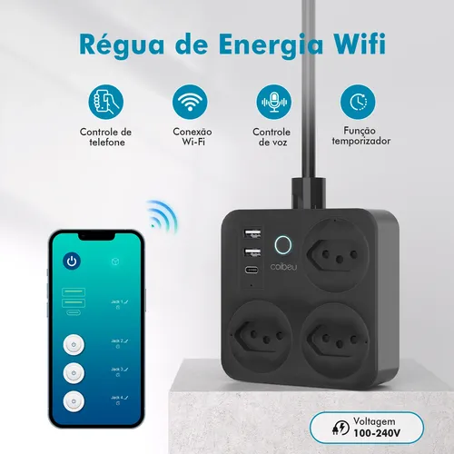 Extensão inteligente Wi-Fi Tuya preta com três tomadas, duas portas USB e conexão PD para organizar dispositivos eletrônicos
