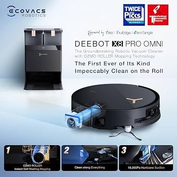 Robô aspirador ECOVACS DEEBOT X8 PRO OMNI e seus componentes de limpeza para manutenção automatizada do piso