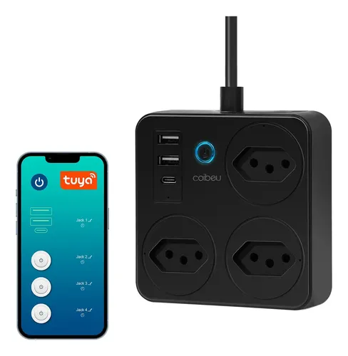 Extensão inteligente Wi-Fi Tuya preta com três tomadas, duas portas USB e uma porta USB-C PD