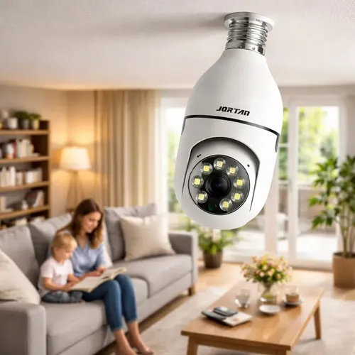 Câmera lâmpada Jortan Wi-Fi E27 com corpo em formato de lâmpada para monitoramento residencial