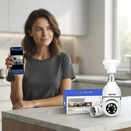 Câmera lâmpada Jortan giratória para monitoramento Wi-Fi com movimentação remota do enquadramento