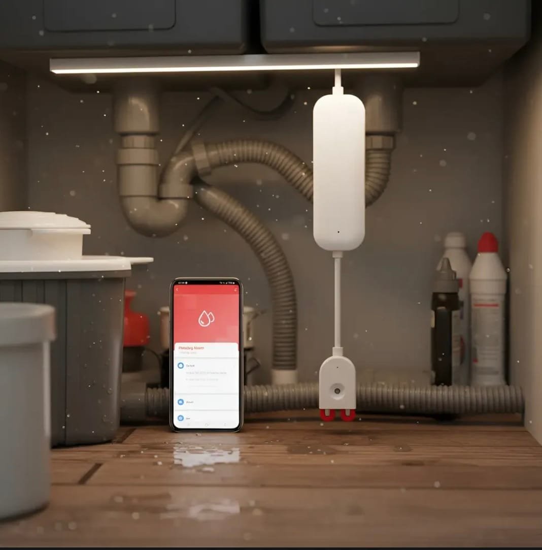 Detalhe do sensor inteligente Tuya para detecção de vazamento e prevenção de danos causados por água