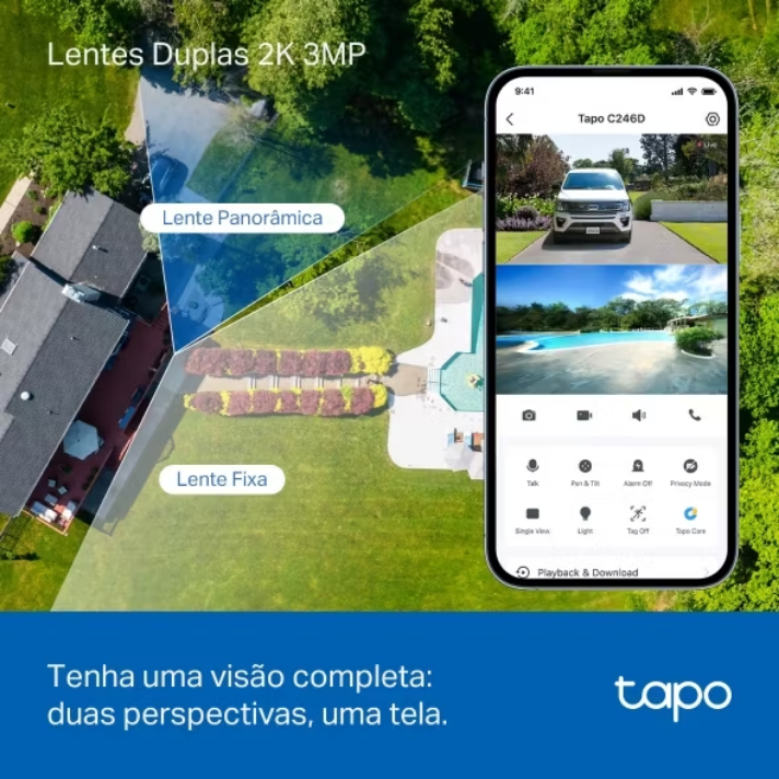 Câmera externa TP-Link Tapo C246D com visão noturna colorida, holofotes integrados e proteção IP65