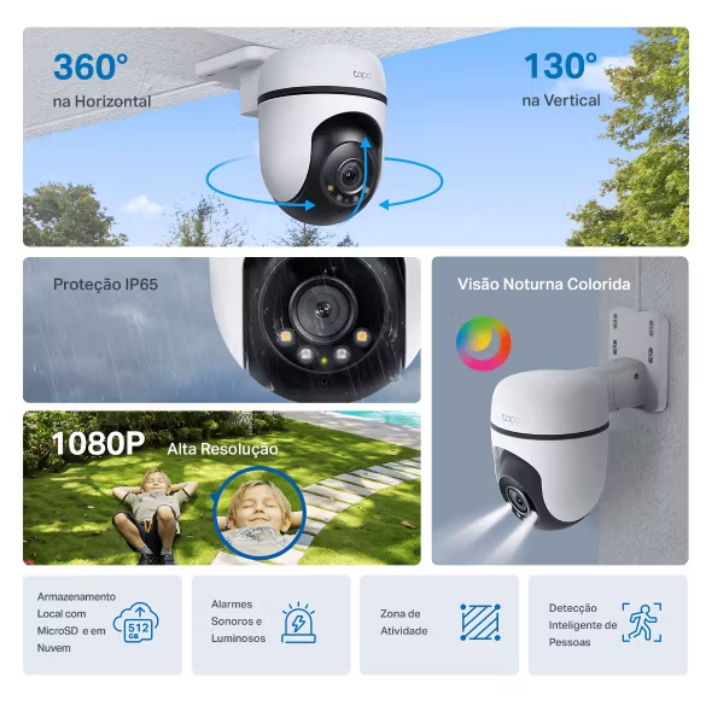 Câmera TP-Link Tapo C500 Wi-Fi externa com rotação panorâmica para monitoramento de quintal e garagem