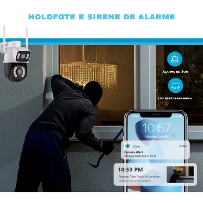 Detalhe da câmera iCSee A28B VLX com duas lentes para vigilância por vídeo e visualização pelo celular