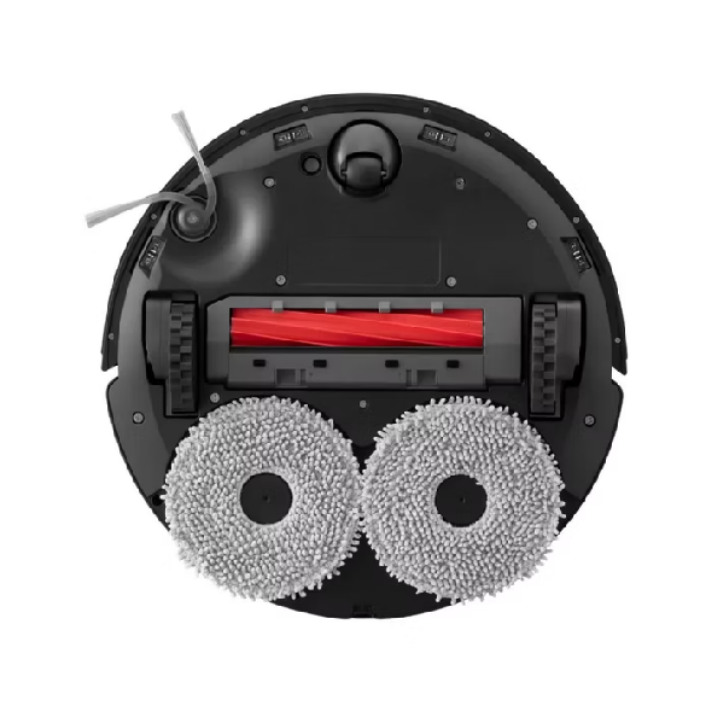 Parte inferior de um robô aspirador Roborock com escova central, escova lateral e dois mops circulares para limpeza úmida