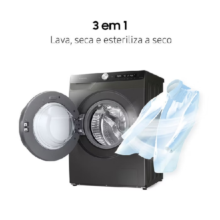 Detalhes da Lava e Seca Samsung WD11A4453BX com Ecobubble e seus recursos de lavagem e secagem para diferentes tipos de roupa